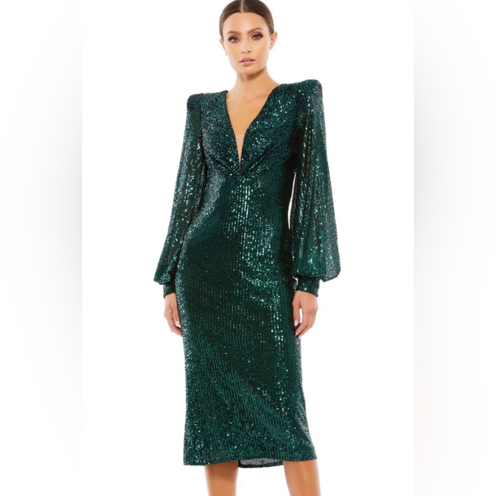 NWT Ieena for Mac Duggal Black Emerald Sequined Bishop Sleeve Dress | Size 0